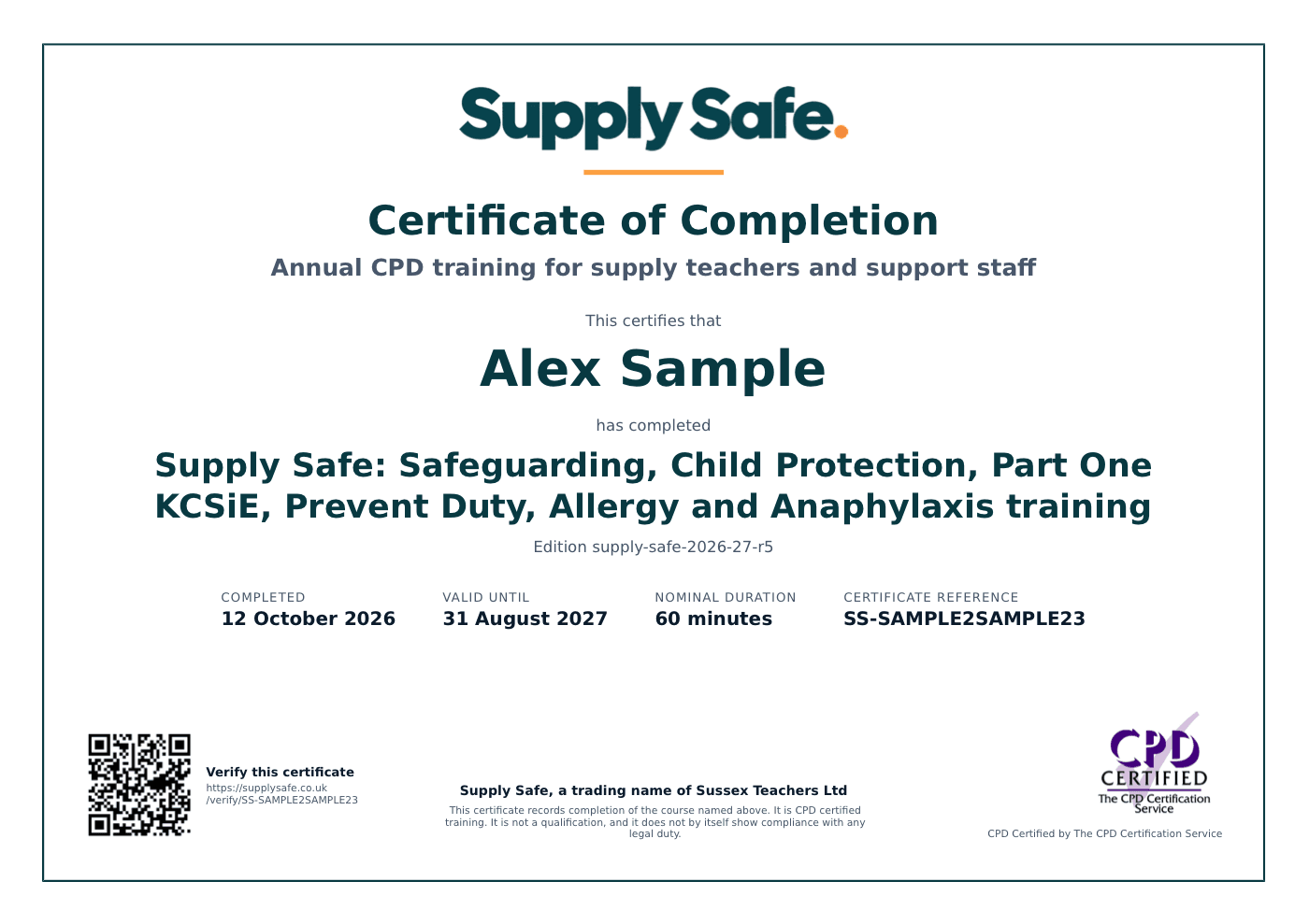 A sample Supply Safe certificate of completion